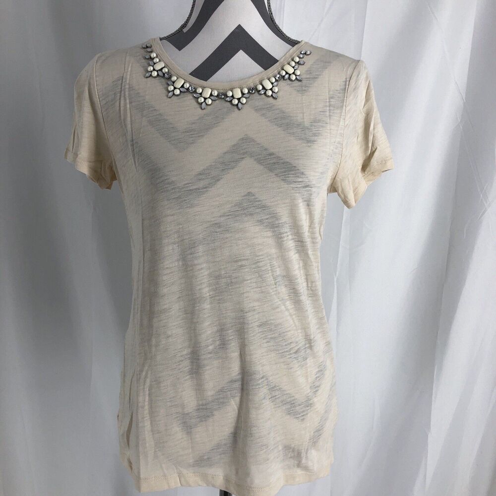 Ann Taylor LOFT Beaded Shirt Cream Small Women’s Top Embellished Tee